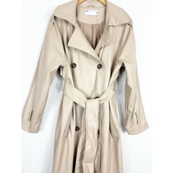 ASOS DESIGN Tan Faux Leather Trench Coat Size 12 Long Preppy Chic Minimalist - Picture 9 of 15
